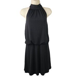White House Black Market Halter Dress Blouson Mini XS Black Stretch Jersey Knit